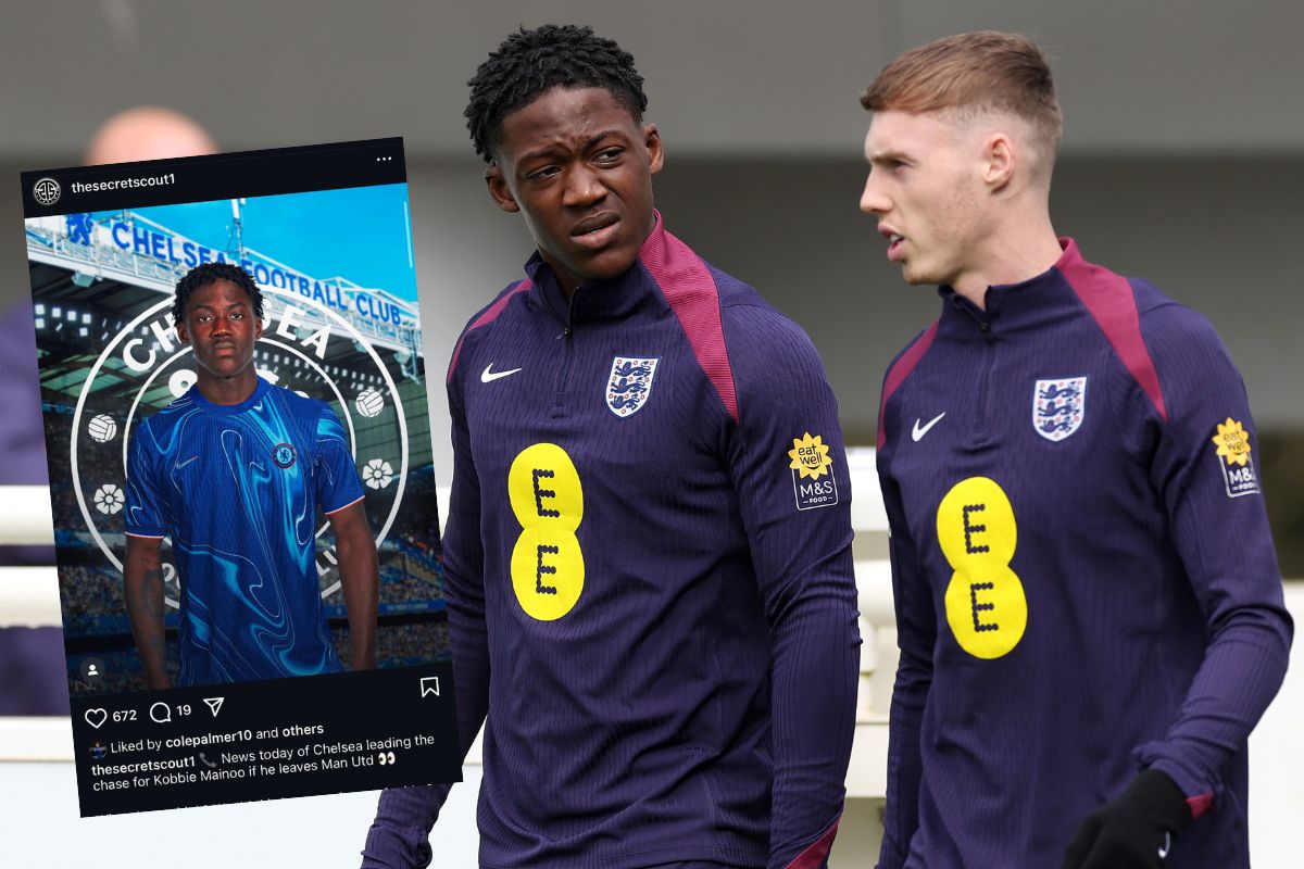 Die Engländer Coby Mainoo und Cole Palmer unterhalten sich mit Screenshots von IG-Beiträgen im Anhang