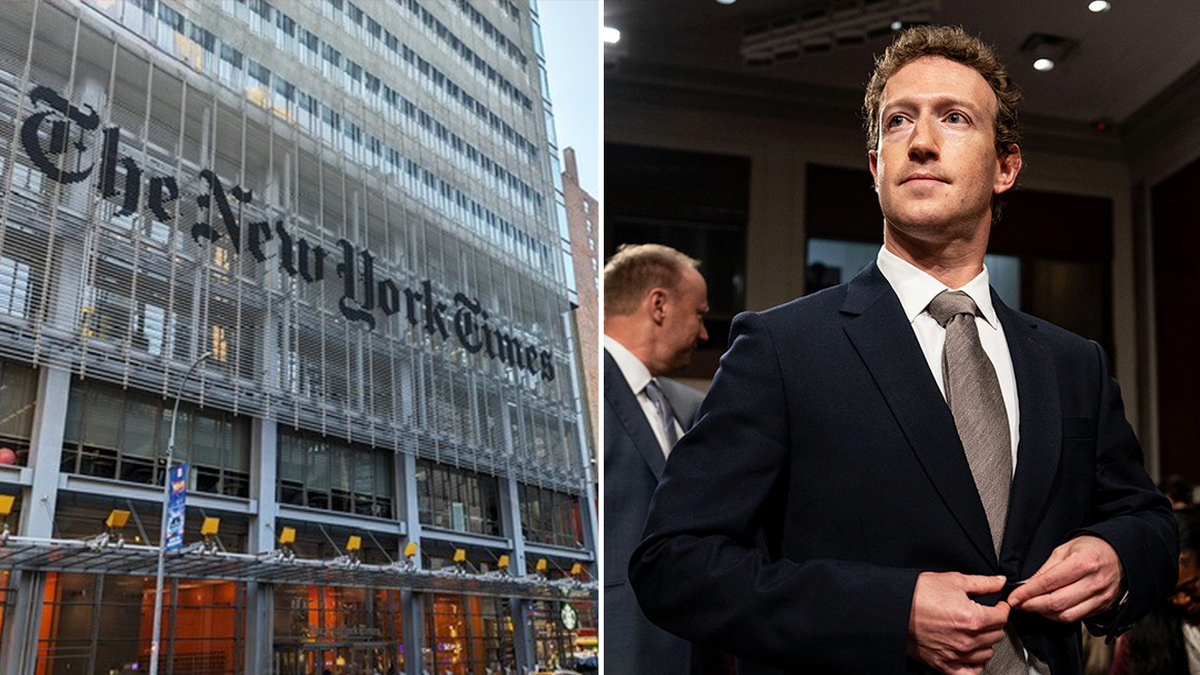 Ein Foto des Gebäudes der New York Times und von Mark Zuckerberg