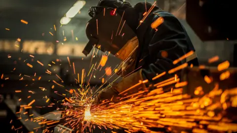 Metallarbeiter erzeugt mit einer Schleifmaschine einen Funkenregen